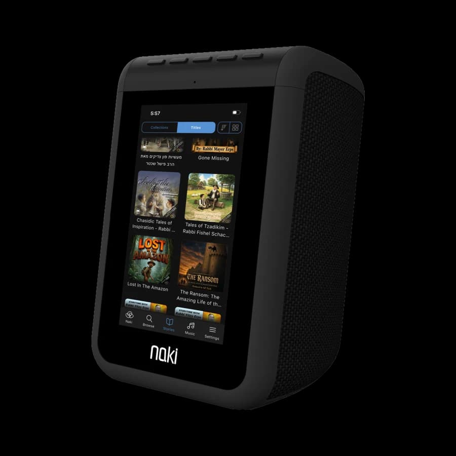 A Naki Bolt showing the stories library on its screen
