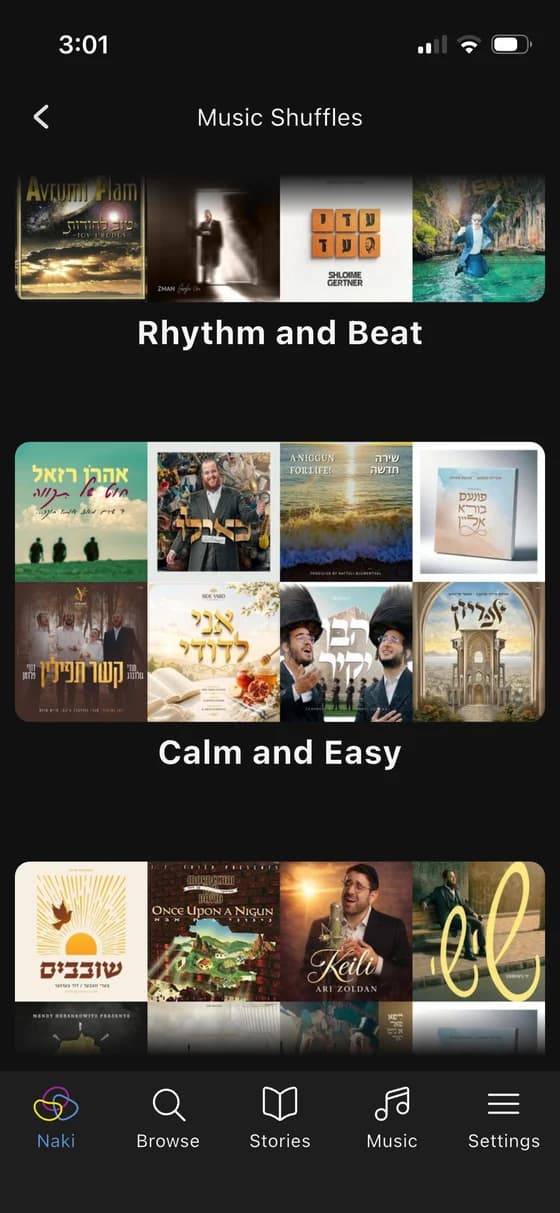 Music shuffles in the Naki app, grouped by mood