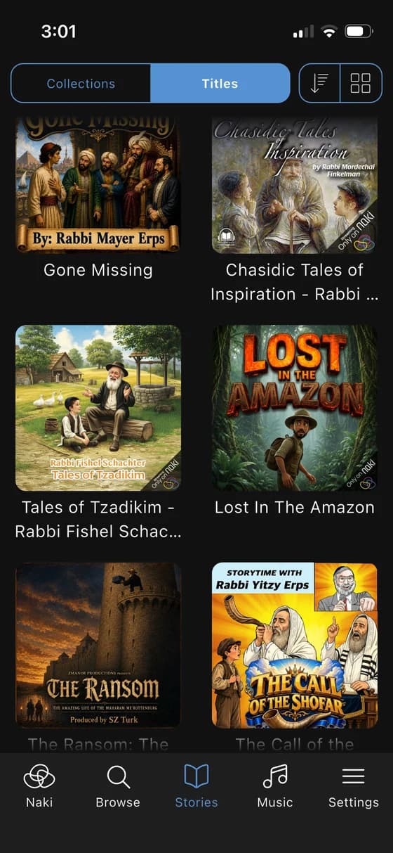 The stories library in the Naki app, showing cover art for each title