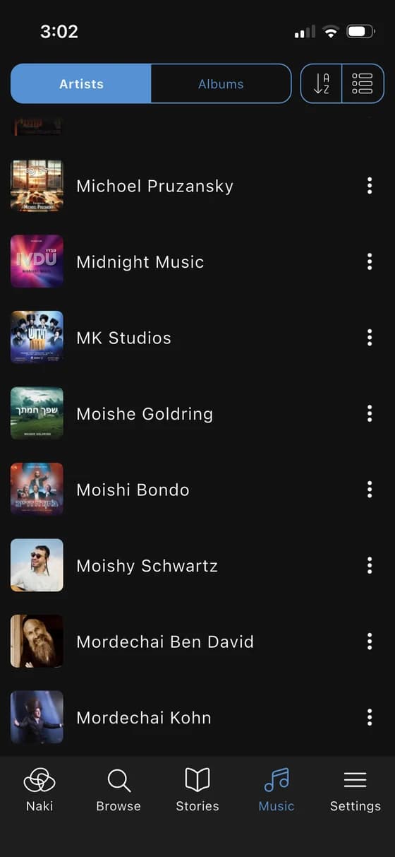 The Naki app artist list, sorted alphabetically