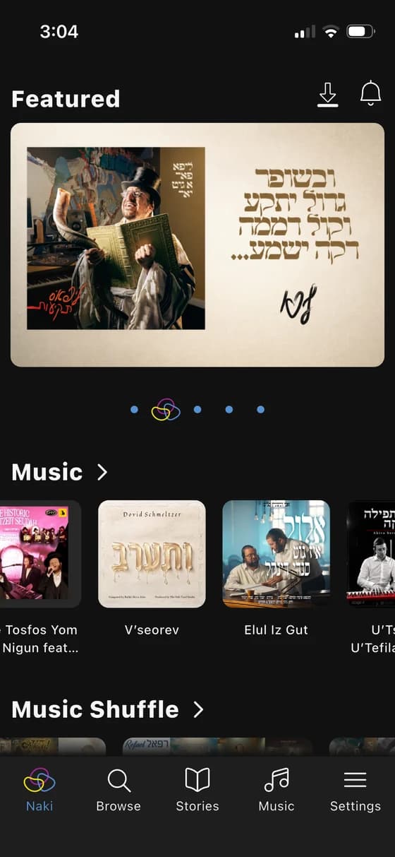 The Naki app home screen with a featured release and rows of music