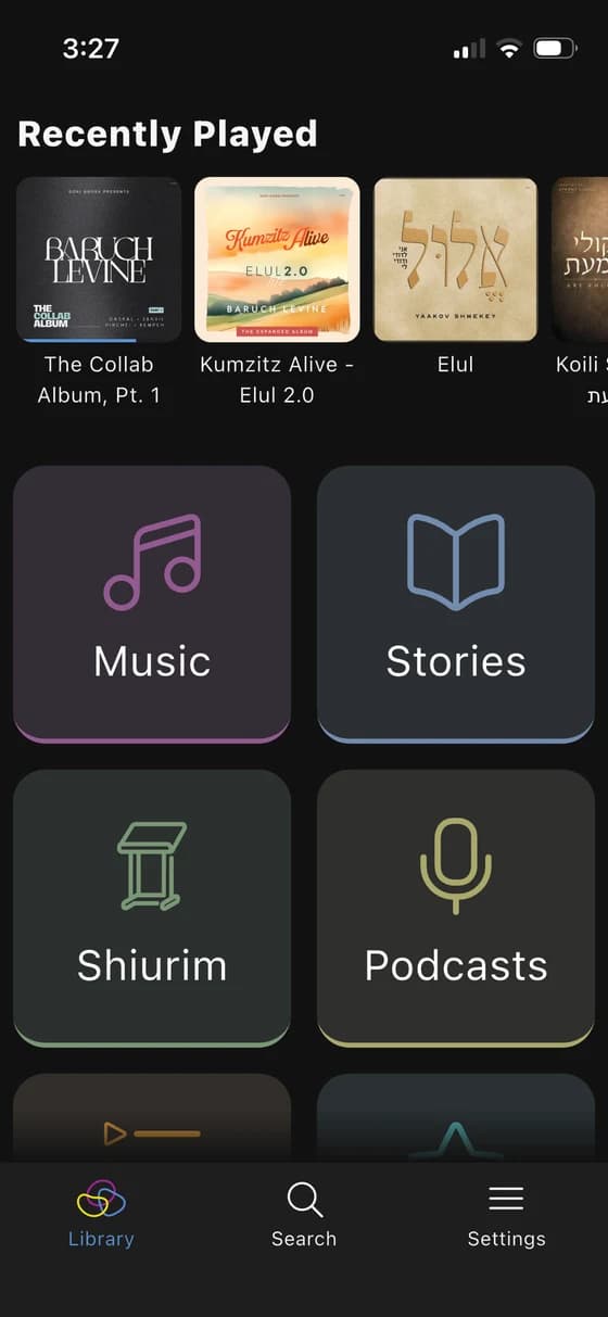 The Naki app in offline mode, showing downloaded music, stories, shiurim and podcasts